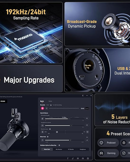 MAONO Dynamic Microphone-XLR USB Podcast Recording Mic: for Vocal Recording, Content Creation, Home Studio, Voiceover, with 192kHz/24bit, Noise Reduction, Mic Gain, Monitoring, Mute (PD300X)