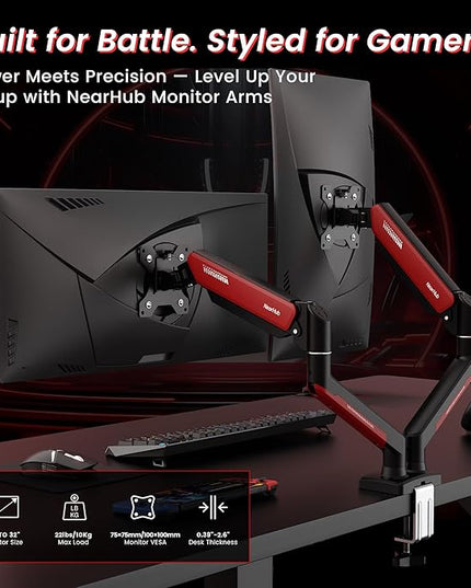 Dual Monitor Mount Gaming for Computer Screen 13-32" and up to 22 lbs,360° Rotation,+90° to -45° Tilt,180° Swivel,with C Clamp and Grommet Base,Integrated Cable Management,75x75/100x100 VESA,RED