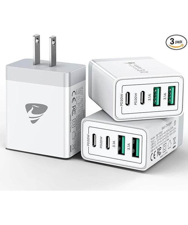 USB C Wall Charger Block 3-Pack, Aiminu 40W 4-Port PD Power Delivery Fast Type C Charging Block Plug Adapter for iPhone 15 14 13 12 11 Pro Max, XS/XR/X, iPad, Android Phones Charger Cube