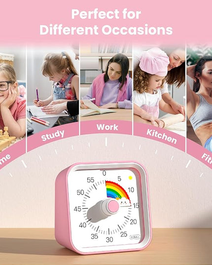 InfPokid Visual Timer for Kids with Pause Function, Cute Silent Timer with Rainbow for Classroom, Teaching, Task, Kitchen, 60 Minute Countdown Time Management for ADHD (Rainbow Pink)