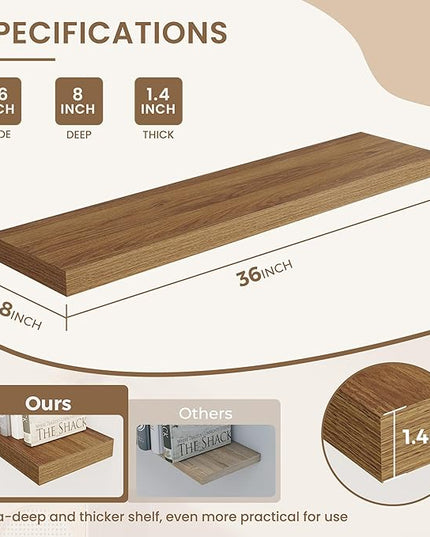 Dreamland 36 Inches Floating Shelves for Wall, 8" Deep Long Floating Shelves Set of 2, Large Display & Storage Shelf, Wall Shelf for Bathroom Bedroom Living Room Kitchen Office, Walnut