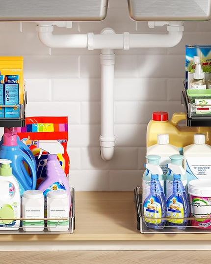 heart & home 1-Pack Under Sink Storage Organizer for Kitchen & Bathroom Cabinets with Removable Washable Tray, Tool-Free Assembly – Multi-Purpose for Kitchen Countertop, Vanity, & Laundry Room，Black