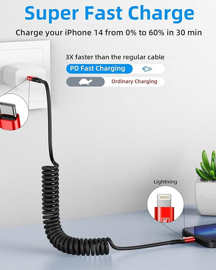 KIYODA USB C to Lightning Cable 6FT 2Pack, Coiled iPhone Charger USB C Fast Charging for Car Short iPhone Cord for iPhone14/13/12/11 Pro Max/iPad/CarPlay-Red