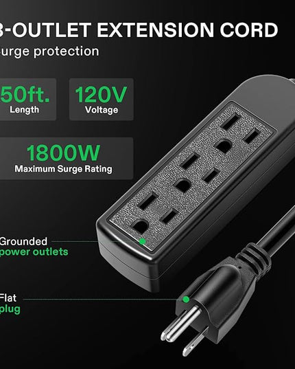 VIVOSUN 50 ft Extension Cord, 3-Outlet Power Strip with 1800W Surge Protection, 15A 14 AWG, Flat Heavy Duty Extender for Indoor Outdoor Use, Garden Home Office, Black