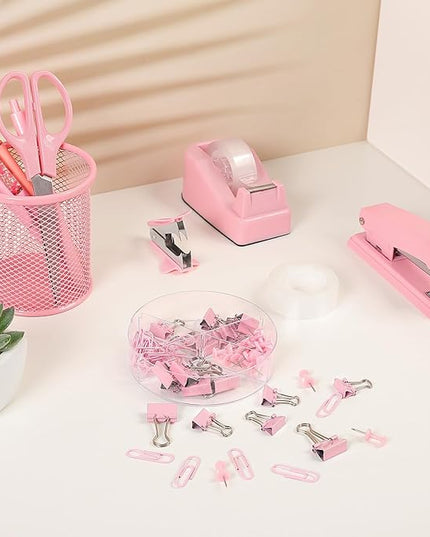 SKYDUE Pink Office Desk Accessories, Pink Office Supplies, Stapler, Tape Dispenser, Scissors, Clips and 1000pcs Staples,Office Supplies for Desk for Women