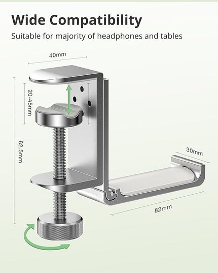 Headphone Stand for Desk – Aluminum Under Desk Headset Stand with Foldable Hook, Headphone Holder Clamp Mount for Gaming Accessories, Space-Saving Headset Hanger