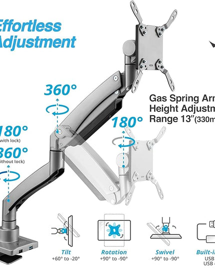 AVLT Single 17"-57" Super Ultrawide Monitor Arm for Screens Up to 59.5 lbs, Premium Aluminum Desk Stand, Adjustable Pneumatic Height, Full Motion Swivel Tilt Rotation, USB-C & USB-A Ports, Gray