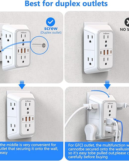 2 Pack Outlet Extender Surge Protector, 6 Outlet Splitter with 4 USB Outlet (2 USB A,2 USB C), 3Sided Power Strip with Adapter Spaced Outlets for Home, Office, Travel(White)