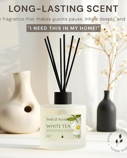Soul & Scents Reed Diffuser Set – White Tea | 7.43 oz Refillable Scented Oil with 6 Fiber Sticks | Long-Lasting Home Fragrance & Air Freshener for Bedroom, Bathroom, Office | Gift & Décor Piece