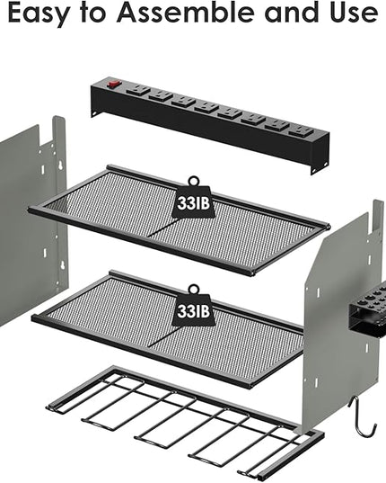 CCCEI Modular Power Tool Organizer Wall Mount with Charging Station. Garage Drill Storage Shelf with Hooks, Heavy Duty Rack, Tool Battery Holder Built in 8 Outlet. Gift for Men. Grey, 1 Pack.
