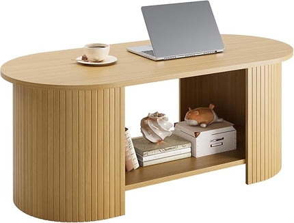 OneBlis Oval Fluted Coffee Table, 2-Tier Center Table with Large Storage, Mid-Century Modern Wood Coffees Table for Living Room, Home Office, Small Space, Oak