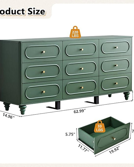 9 Drawer Fluted Dresser for Bedroom, Mid Century Modern Chest of Drawers, Wood Storage Small Dresser Organizer for Bedroom Living Room Hallway Closet, Green