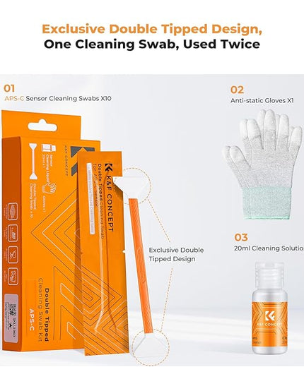 K&F Concept APS-C Sensor Cleaning Kit, Digital Camera Lens Cleaner - 20ml Cleaner, Gloves & 10 X 16mm Double-Tipped Swabs for APS-C Type CMOS & CCD Sensors
