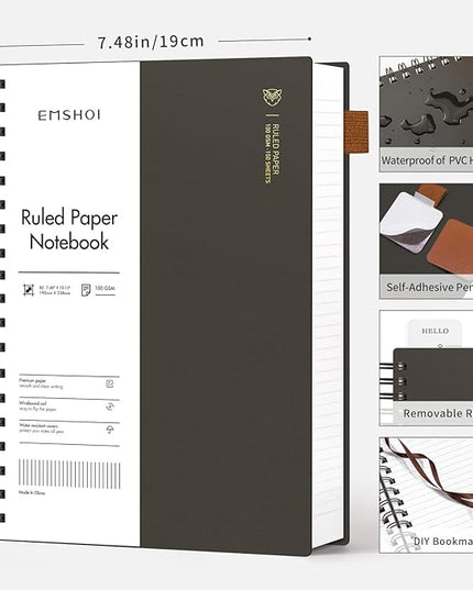 EMSHOI B5 Spiral Notebook College Ruled Lined Journal, Large 7.48" X 10.15", 300 Pages/150 Sheets, 100gsm Thick Paper, Waterproof Hardcover, for Office School Women Men Work Writing Notes, Coffee