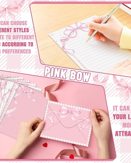 TaoBary 160 Pcs Stationery Paper Set 50 Double Sided Stationery Papers with 50 Matching Envelopes and 60 Round Dot Sticker, 10 Design(Pink Bow,5.5 x 8.25 Inch)
