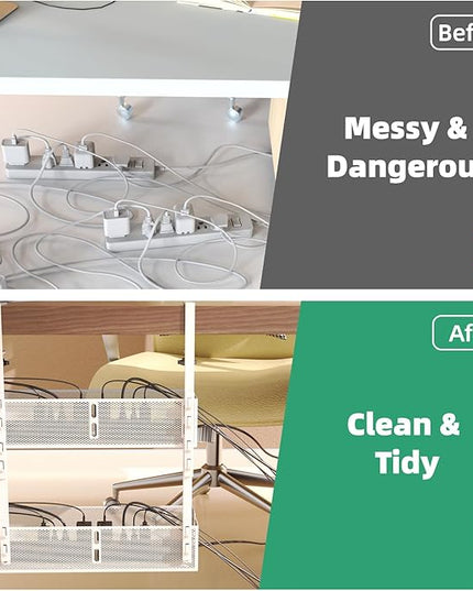 Multi-Model Under Desk Cable Management Tray 2 Packs Metal Under Desk Wire Management Clamp Mount Under Table Cord Management No Damage The Desk (White)
