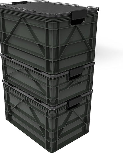 SIDIO CRATE Pro Pack - Two Full Size and One Half Size Heavy Duty Stackable Storage Bins, Totes and Containers with Lids and Dividers - Durable Organizer for Home, Office, Garage, and Outdoor Use