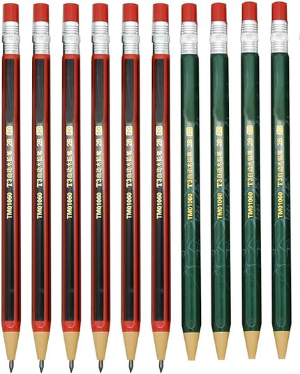 Maydahui 12 PCS Mechanical Pencil with Sharpener Novelty Non Sharpening Automatic Pencil with 12 PCS 2B Lead Refills 2.0 mm Classic Red Green Pole Plastic Simulation Timber for School Writing Drawing