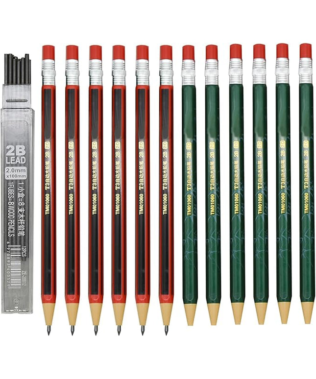 Maydahui 12 PCS Mechanical Pencil with Sharpener Novelty Non Sharpening Automatic Pencil with 12 PCS 2B Lead Refills 2.0 mm Classic Red Green Pole Plastic Simulation Timber for School Writing Drawing