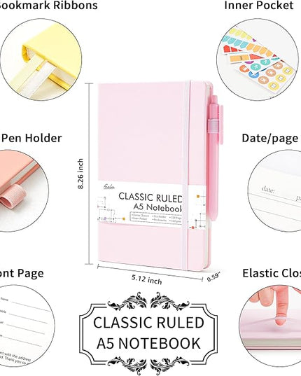 feela 3 Pack Hardcover Notebook For Women, Classic Ruled Lined Journal Set School Business Supplies, with 3 Black Pens, 120 GSM, 5.1”x8.3”, A5, Pastel Colors, Light Yellow, Light Pink, Pale Orange