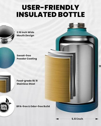 One Gallon Water Bottle Insulated, Triple Walled Vacuum Stainless Steel (Cold for 48 Hrs), Leak Proof & Non-BPA, Large Water Flask Jug with Paracord Handle & Straw Spout Lids
