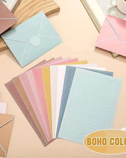TaoBary 160 Packs Stationery Paper Set (50 Double Sided Stationery Writing Papers 50 Matching Envelopes) 60 Round Dot Sticker, 10 Design (5.5 x 8.25 Inch,Boho Color)