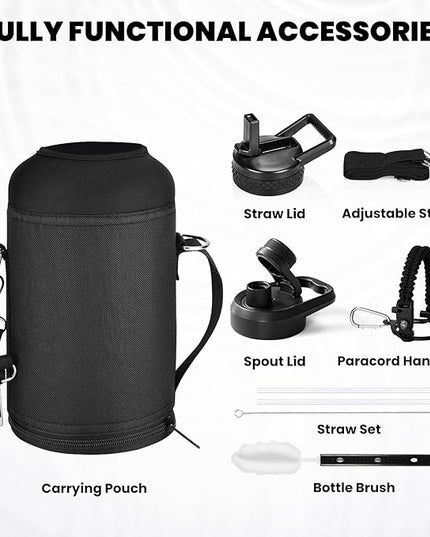 Insulated Water Bottle 64 oz, Triple Wall Vacuum Stainless Steel (Cold for 48 Hrs), Leak Proof & Non-BPA, Half Gallon Water Flask Jug with Paracord Handle & Straw Spout Lids, Magic Black