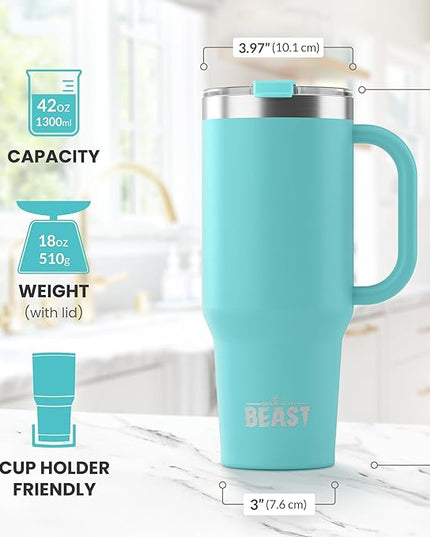 Beast 42 oz Tumbler with Handle Stainless Steel Vacuum Insulated Coffee Ice Cup Double Wall Travel Flask (Aqua Blue)