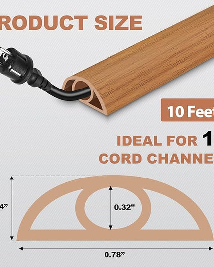 Floor Cord Cover for Wires on Floor Self Adhesive Cord Hider Floor Cable Management Wire Covers for Cords Protector Prevent Cable Trips Cord Cavity W 0.32" x H 0.32", Brown Wood, 10Ft