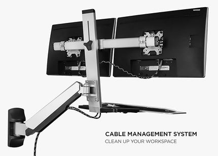 Mount-It! Sit Stand Dual Monitor Wall Mount Workstation & Stand Up Computer Station with Articulating Keyboard Tray Arm and CPU Holder
