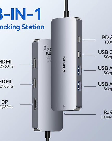 USB C Docking Station Dual HDMI, 8 in 1 Docking Station for 3 Monitors, USB HUB Triple 4K Display with 2 HDMI and 1 Displayport, 1 Gbps Ethernet, 100W PD Charging, 3 USB 3.0 Ports for Dell, HP, Lenovo