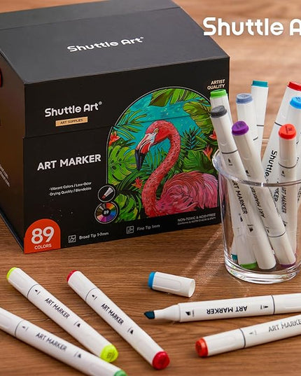 Shuttle Art 89 Colors Alcohol Markers, 88 Colors Dual Tip Art Marker Set Plus 1 Colorless Blender with Marker Case Perfect for Illustration Students Adult Coloring Sketching