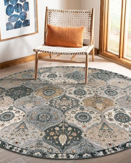Lahome Moroccan Trellis Washable Circle Rug, Round Rug 5ft Soft Non-Slip, Non-Shedding Distressed Round Carpet for Bedroom Living Room Bathroom Nursery Kitchen, Grey