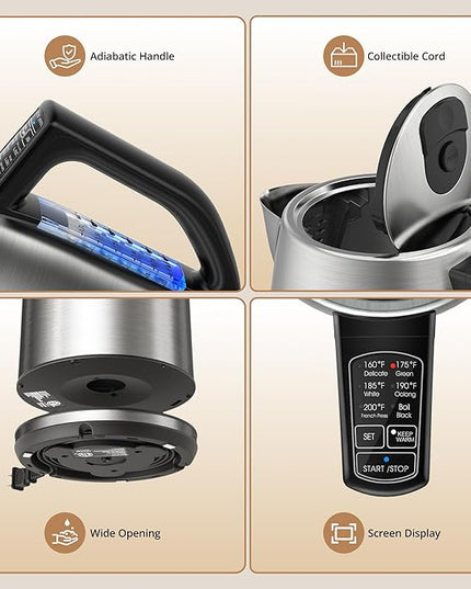 Electric Kettle Temperature Control, 1.7L Electric Kettle with 6 Temperature Settings, 1500W Cordless Hot Water Boiler Heater, Strix Thermostat, Touch Control, Auto-Shutoff/Boil-Dry Protection