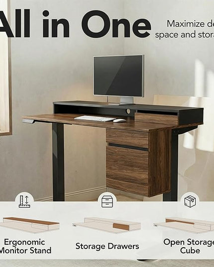 ErGear Electric 47 inch Standing Desk with Drawers and File Cabinet, Adjustable Stand up Desk with Storage, Ergonomic Sit Stand up Table Compatible Monitor Stand, Black Walnut