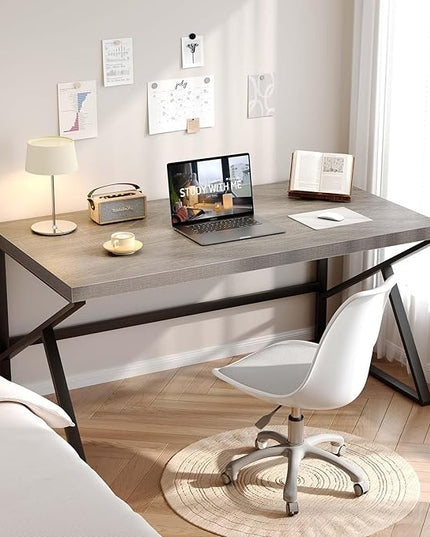 HSH Gray Computer Desk, Industrial Wood and Metal Home Office Desk, Farmhouse Rustic PC Laptop Desk for Executive Work Writing Study Gaming, Modern Simple Bedroom Computer Table, Light Grey Oak, 55 In
