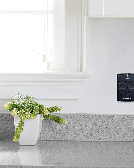 SANUS On-Wall Low Profile 1080J Fireproof Surge Protector with 6 AC Outlets & 3 Lines of Protection - Includes Power Signal Filtering Black