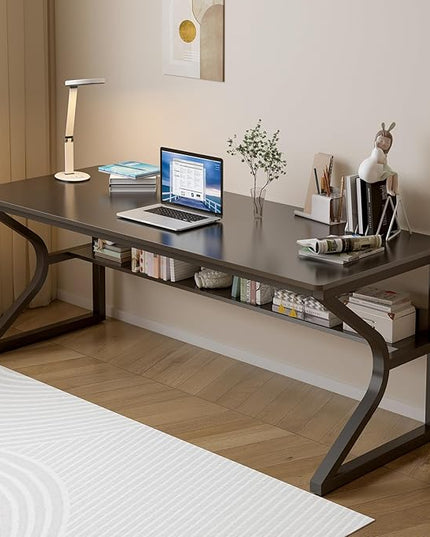 Extra Long Desk with Bookshelf - 63" Double Long Writing Table for 2-Person Workstation, Modern Study Work Computer Desk for Home and Office, Black