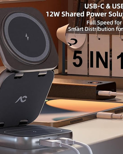 5-in-1 Wireless Charger for MagSafe, AC ISLAND Portable Travel Charging Station, 35W Max Fast Foldable Magnetic Stand, Evolved for iPhone 17-12 & Air Series, Apple Watch, AirPods (with 35W Adapter)
