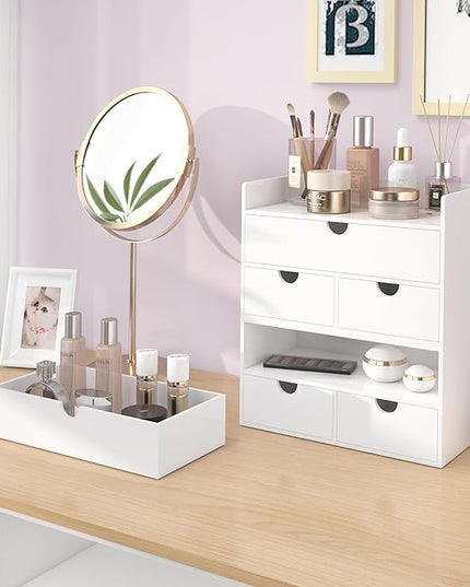 Bamboo Desk Organizer with Drawers Desktop Storage Drawers for Bills Office Supplies Kitchen Utensils Organizing Tool for Home Classroom Organization No Assembly (White with Shelf)