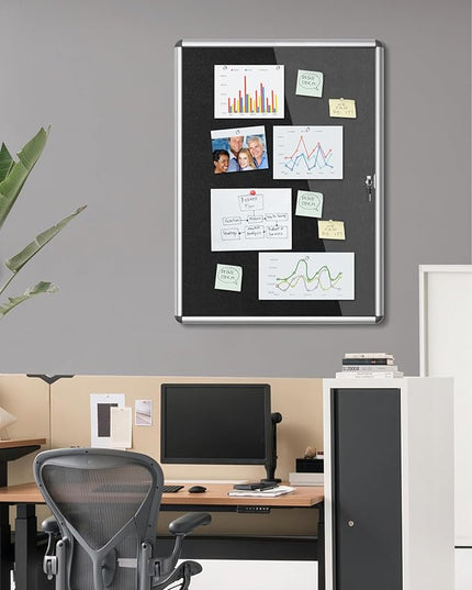 Mifuro 38"x28" Enclosed Bulletin Board, Lockable Weather-Resistant Aluminum Cork Noticeboard for School & Office, Silver Frame w/Black Flet
