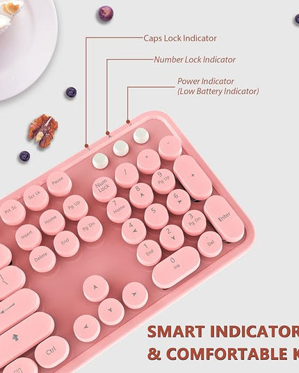 Kootop Wireless Keyboard, Cute Colorful 104 Keys Typewriter Retro Round Keycaps Keyboard for PC Laptop,Desktop,Windows, Home and Office Keyboards (Pink)