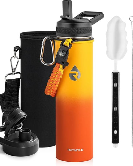 Insulated Water Bottle 24oz, Triple Wall Vacuum Stainless Steel (Cold for 48 Hrs, Hot for 24Hrs), Leak Proof & Non-BPA, 24oz Hydro Water Flask with Paracord Handle & Straw Spout Lids