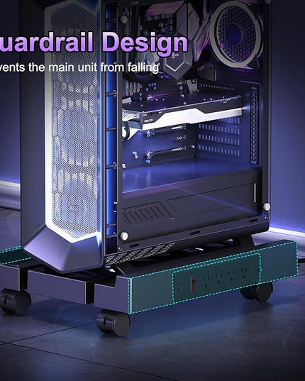 Adjustable Computer Tower Stand with Charging Station, PC Stand for Floor, Mobile CPU Holder with 4 Caster Wheels Fits Most PC Tower, Under Desk CPU Holder for Office,Gamers and Students