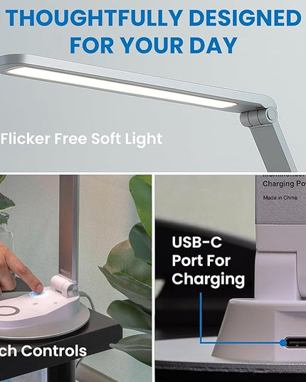 Mount-It! LED Desk Lamp with Wireless Charger and USB-C Charging Port, Dimmable Desk Lamp with 25 Brightness and Color Modes, for Home or Office, Adjustable Arm, Silver/White