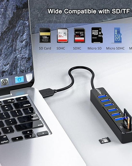 USB Hub with SD/TF Card Reader, VIENON 8 in 1 USB Extender USB Splitter with SD/Micro SD Memory Card Reader and 6 USB 2.0 Ports for PC, Laptops, Surface Pro, MacBook, iMac Pro-3FT