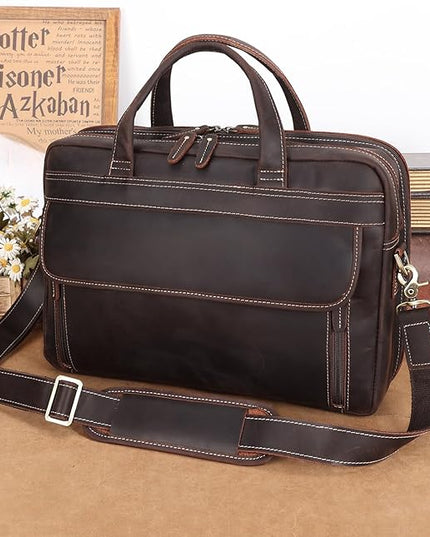 Masa Kawa Leather Briefcase for Men 15.6", 17" Laptop Computer Case Business Travel Work Messenger Cross Body Shoulder Bag