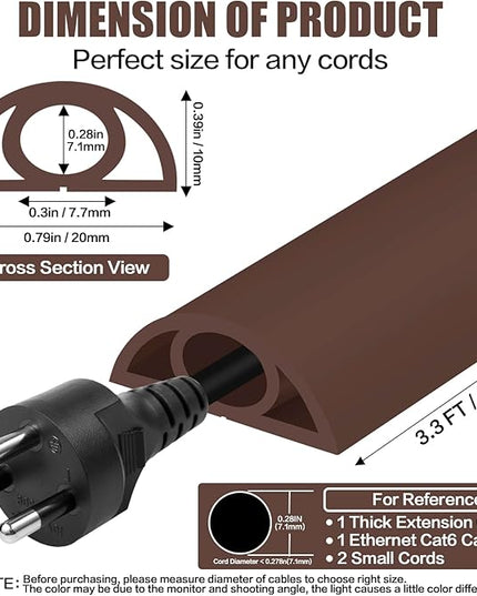 Floor Cord Cover Self Adhesive Cord Hider,3.3FT Cable Management, Extension Strip Protector for Wires, Prevent Cable Trips for Offices, Gyms, Exhibitions Cavity:0.3"(W) x 0.28"(H) Coffee