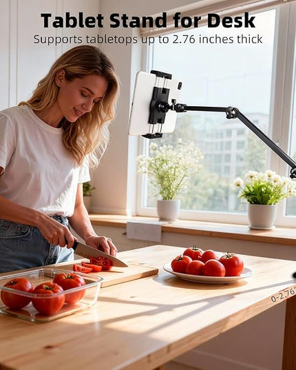 ZUZUXI Tablet Stand Holder for Desk and Bed, Adjustable Aluminum Foldable Arm iPad Mount Clamp on Table Compatible with iPad Air Mini, Galaxy Tabs, 4.7-12.9" Tablets and Phones