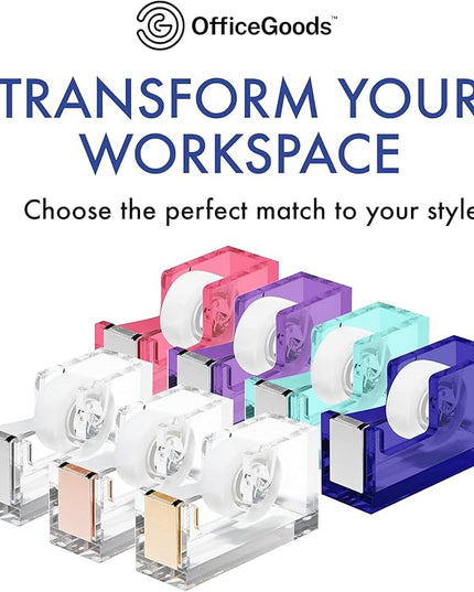 OfficeGoods Acrylic Tape Dispenser – Modern Desk Organizer for Office Supplies – Heavy Duty Refillable Tape Holder for Home and School Crafting – Stylish Desktop Accessory for Gift Wrapping, Blue